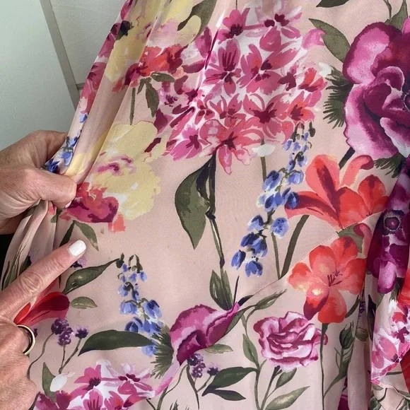 Eliza J | Halter Neck Floral Print Chiffon Sleeveless Side Slit Cascade Ruffle - Picture 8 of 11